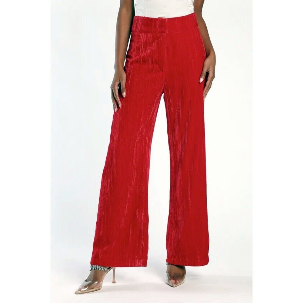 Lulus Taking the Reigns Red Crushed Velvet Pants Size S High-Waisted Wide Leg
